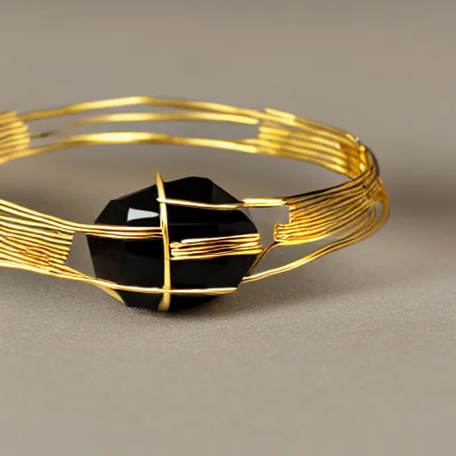 Image similar to arcaic Primitive Gold Bangle, 14K Gold Wire, Single Center sinister diamond saphire, Shungite Bangle, Mineral and Gold Jewelry, Product Photography