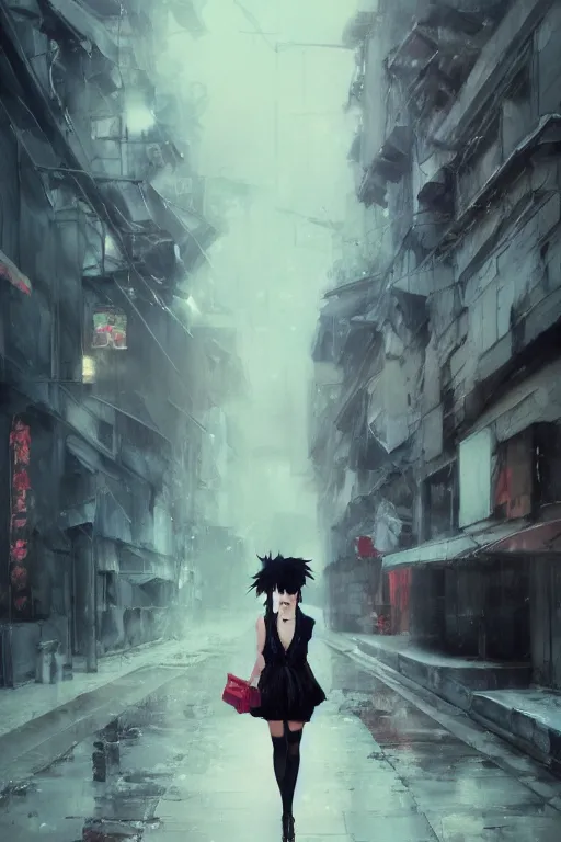 Prompt: woman with cat ears wearing a black lace dress and thigh highs walking in a depressing soviet city, expressive oil painting, digital anime art, highly detailed, character art, beautiful face, by yoshitaka amano, by greg rutkowski, by conrad roset, volumetrics, octane render, rainy street