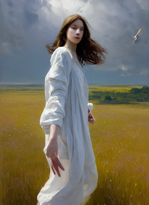 Image similar to portrait of a girl dressed in white clothes chasing flying whales, countryside, calm, fantasy character portrait, dynamic pose, above view, sunny day, thunder clouds in the sky, artwork by Jeremy Lipkin and Giuseppe Dangelico Pino and Michael Garmash and Rob Rey, very coherent asymmetrical artwork, sharp edges, perfect face, simple form, 100mm