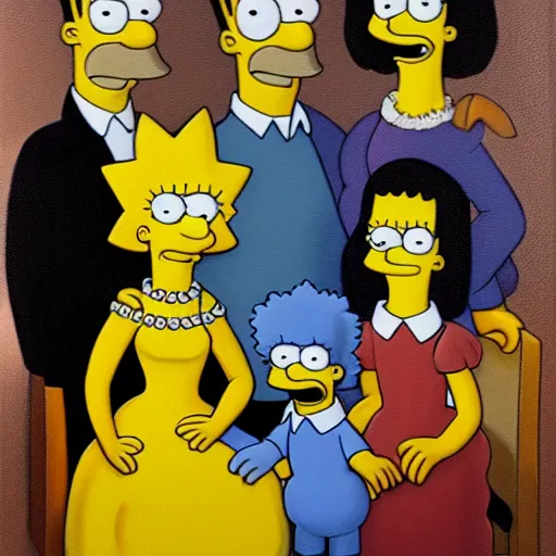 Image similar to oil on canvas painting of a family portrait of the simpsons in the style of gustave courbet, 2 d, ue 5, 8 k, 4 k