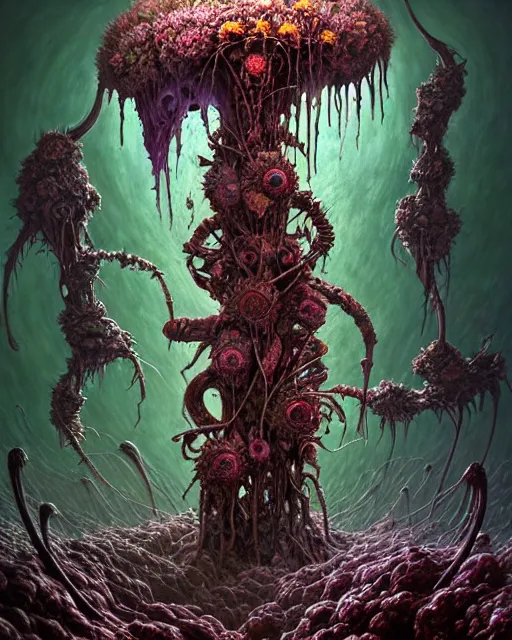 Image similar to the platonic ideal of flowers, rotting, insects and praying of cletus kasady carnage thanos dementor wild hunt chtulu mandelbulb schpongle tsar bomba bioshock xenomorph akira, ego death, decay, dmt, psilocybin, concept art by randy vargas and zdzisław beksinski