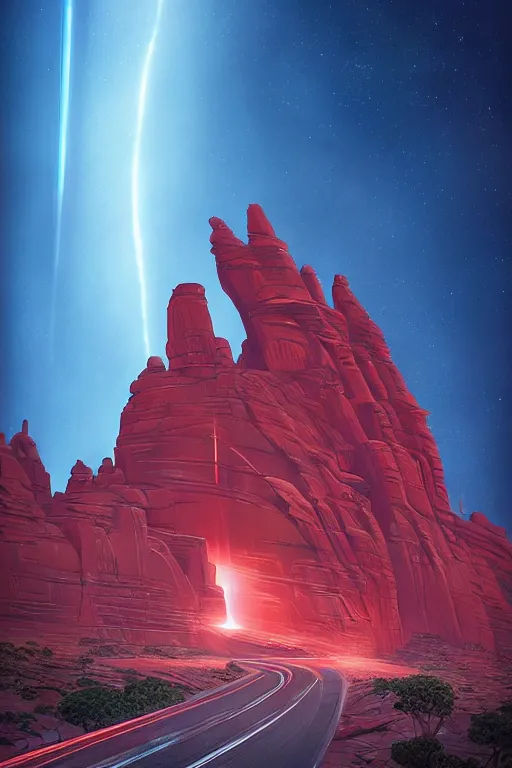 Image similar to futuristic temple in red canyon, star trails above, dramatic lighting, artstation, matte painting, ralph mcquarrie, simon stalenhag, zaha hadid