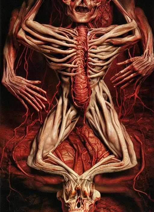 Prompt: demonic birthday cake with translucent skin, visible muscles and veins and arteries and bones and spines and nerves, beautiful detailed intricate insanely detailed octane render, 8k artistic photography, photorealistic, chiaroscuro, by David Cronenberg, Raphael, Caravaggio