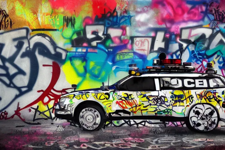 Image similar to a police car covered in graffiti by mia brownell, art by anna hotchkis, antonio saura, very detailed, maximalism, ambient occlusion, volumetric light, atmospheric haze, hyper realism, futuristic but colorful shading, cinematic composition, realistic render, photography, wide shot