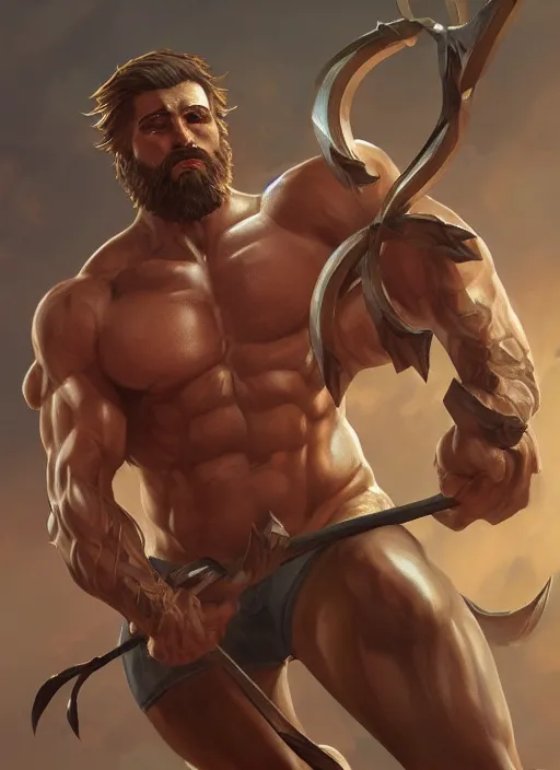 Prompt: a highly detailed illustration of short haired shirtless bearded god, heroically flexing bodybuilding archer pose, muscular, intricate, elegant, highly detailed, centered, digital painting, artstation, concept art, smooth, sharp focus, league of legends concept art, WLOP