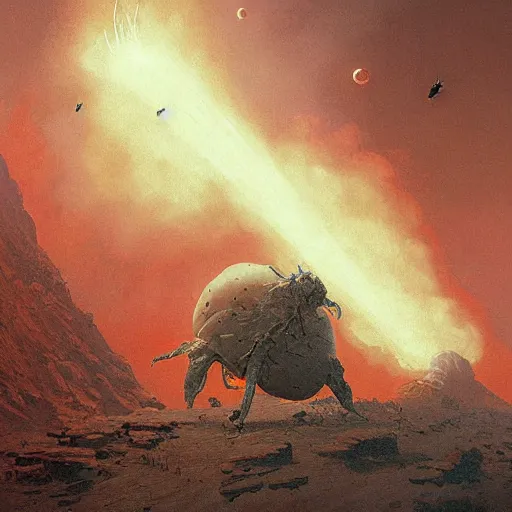 Image similar to A digital painting of a meteor containing an insect hive burning up in the atmosphere, Wayne Barlowe Greg Rutkowski