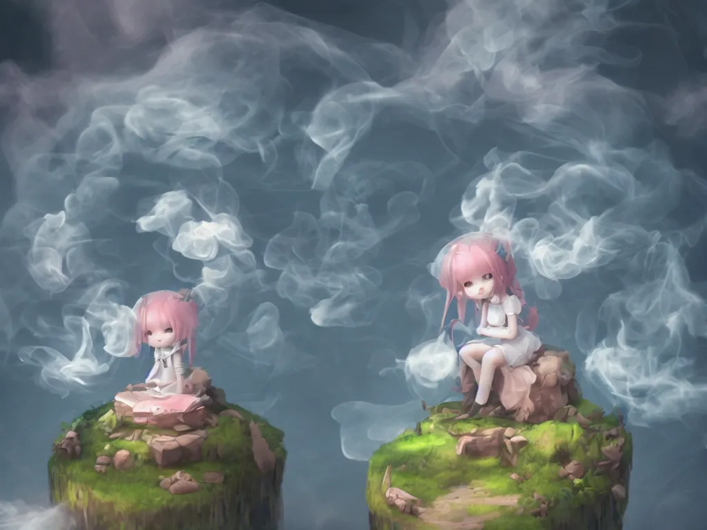 Prompt: cute fumo plush gothic maiden girl sitting on a floating island, isometric projection, wisps of smoke and volumetric fog, vignette, vray