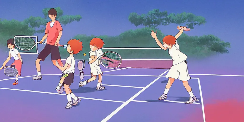 Image similar to digital art of kids playing tennis by studio ghibli