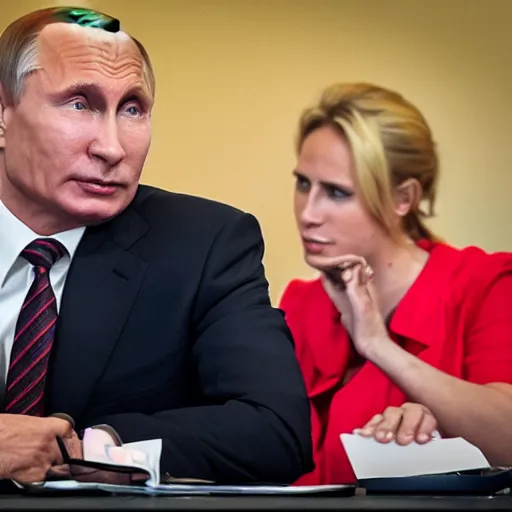 Prompt: annie leonhart and vladimir putin hold joint press conference in biarritz at g 7 summit, zeiss 1 5 0 mm, sharp focus, natural lighting, ultra realistic, high definition 4 k photo, g 7 summit press photos