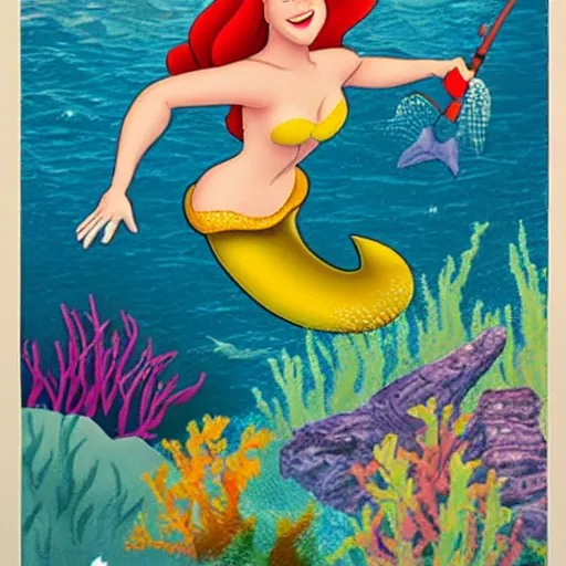 Prompt: disney poster of the little mermaid caught in a fishing net