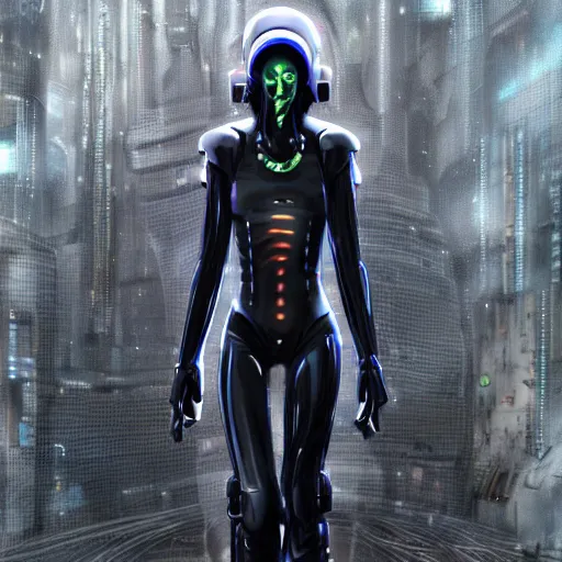Prompt: a full body beautiful woman wearing a cyberpunk outfit by hr giger, blue eyes, weapons, electronics, high tech, cyber wear, concept art, fantasy, cyberpunk