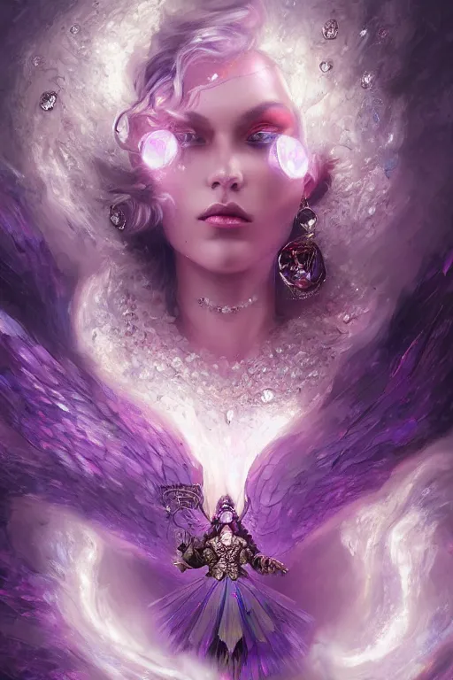 Image similar to beautifulmodel face covered with diamonds wearing crystals, diamonds, angel, fantasy, dramatic lighting, highly detailed, digital painting, magic the gathering, purple background storm, hyper detailed, 3 d render, hyper realistic detailed portrait, peter mohrbacher, wlop, ruan jia