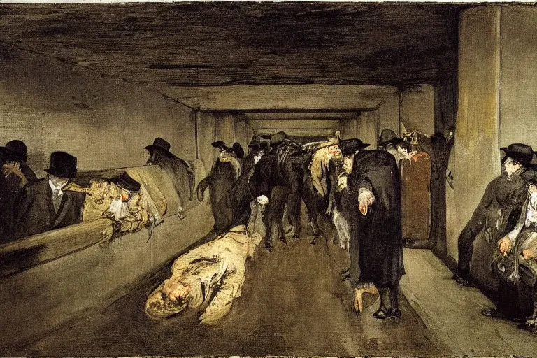 Image similar to goya painting of a dirty subway station in new york city