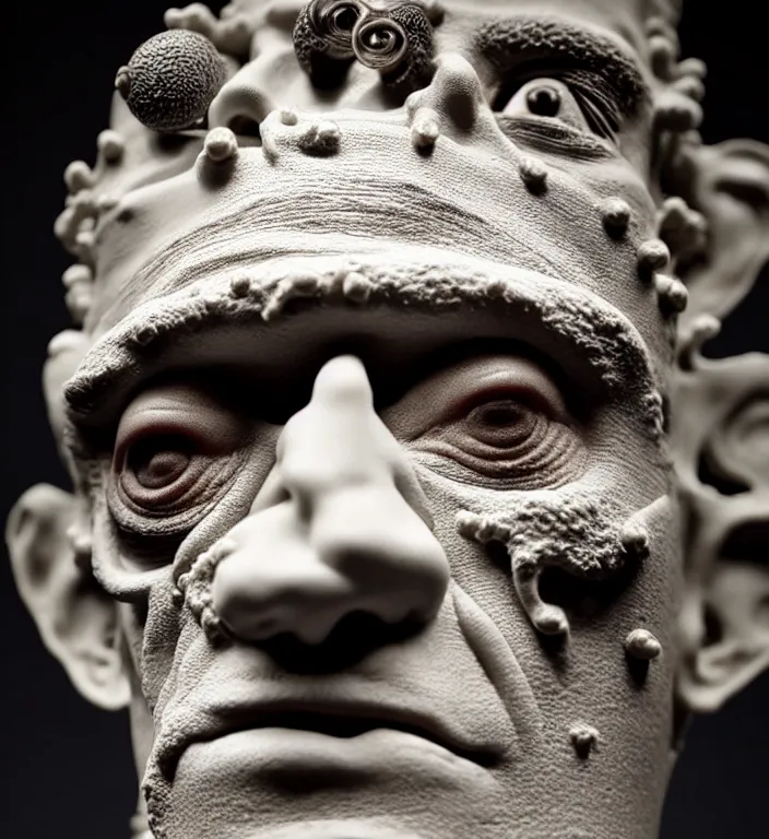 Image similar to Frankenstein , A Close up photo-real delicate ceramic porcelain sculpture of a symmetrical ornate detailed in front of an intricate background by Victo Ngai and takato yamamoto, micro detail, backlit lighting, face in focus, subsurface scattering, translucent, thin porcelain, octane renderer, colorful, physically based rendering, japanese pottery, trending on cgsociety