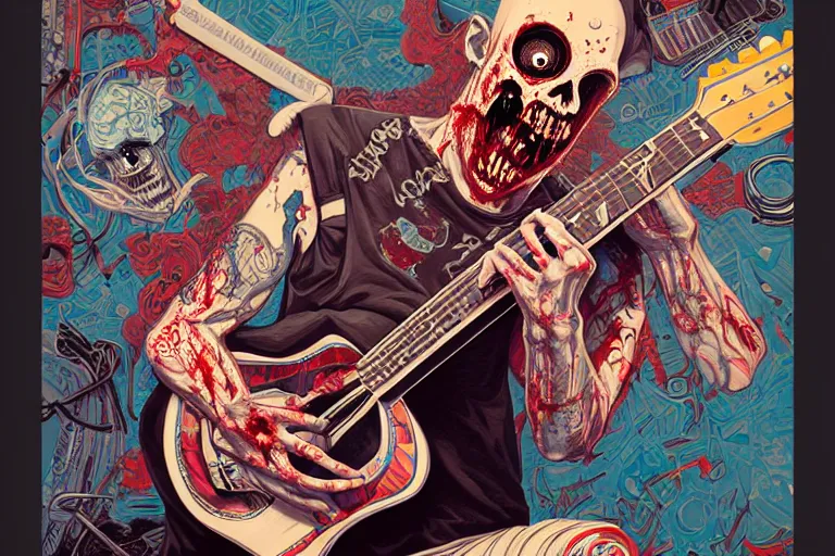 Prompt: zombie punk playing acoustic guitar, tristan eaton, victo ngai, artgerm, rhads, ross draws, intricated details, 3 / 4 view, full body portrait