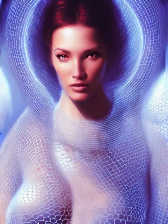 Prompt: portrait of a beautiful woman in midst of transparent clear see - through honeycombs. spaceship environment, dramatic lighting, ultra realistic, highly detailed, concept art, photorealistic, octane render, 8 k, unreal engine. art by gustave dore, art by boris vallejo, art by julie bell, art by christopher marley, art by artgerm