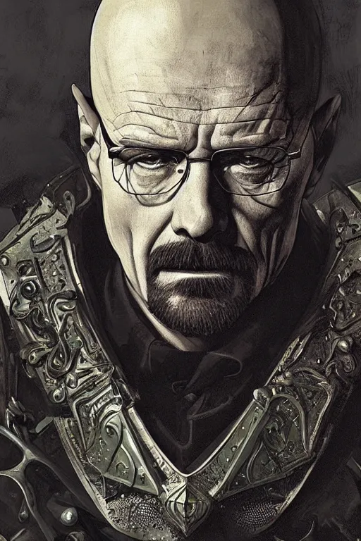 Image similar to Walter white, European beautiful luxury and evil and victorian and gothic medieval white armor knight portrait, front face, ultradetail face, ruined gothic cathedral, dynamic lighting, neon light, art and illustration by tian zi and craig mullins and WLOP and alphonse mucha, ssci-fi, fantasy, intricate complexity, human structure, hypermaximalist, fantasy character concept, dynamic lighting, shafts of golden light, f/1.2, hyperrealism 8k