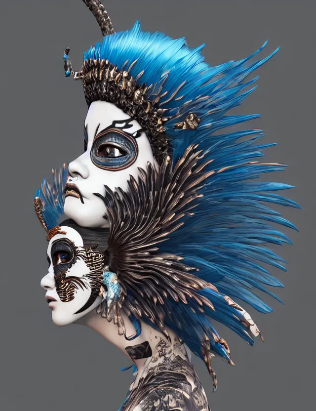 Image similar to 3 d goddess close - up profile simple portrait punk with mohawk with tiger skull. beautiful intricately detailed japanese crow kitsune mask and clasical japanese kimono. betta fish, jellyfish phoenix, bio luminescent, plasma, ice, water, wind, creature, artwork by tooth wu and wlop and beeple and greg rutkowski