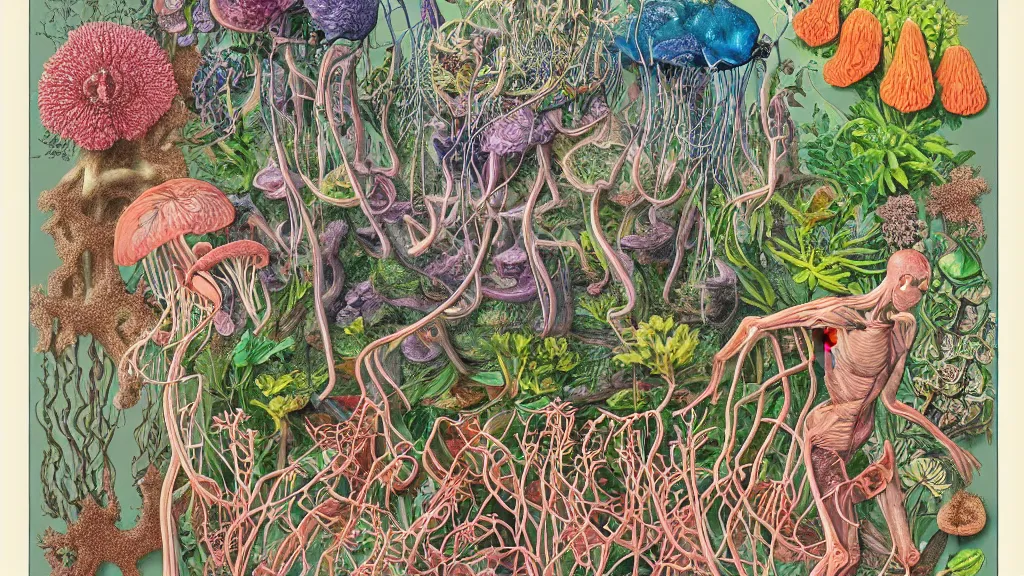 Prompt: highly detailed illustration human anatomy with all the known species of plants, flowers, corals, mushrooms and jellyfish by juan gatti, by moebius!, by oliver vernon