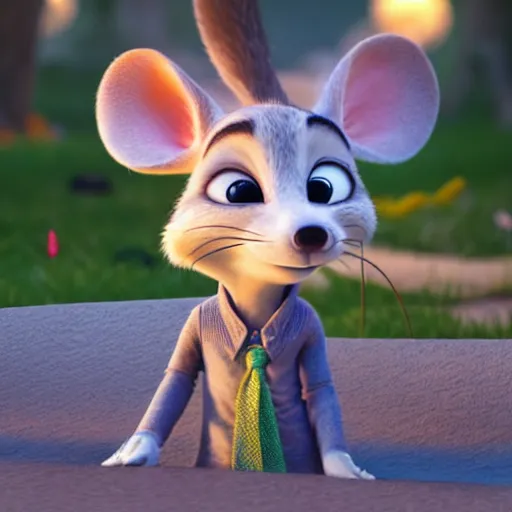 Image similar to 3 d render, portrait, headshot, closeup, anthropomorphic mouse, female, in a maxi white dress, in the style of zootopia, closeup