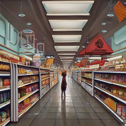 Image similar to a beautiful painting of a pristine and sterile supermarket grocery store, representative of the art style of artgerm and wlop and peter mohrbacher, portrait