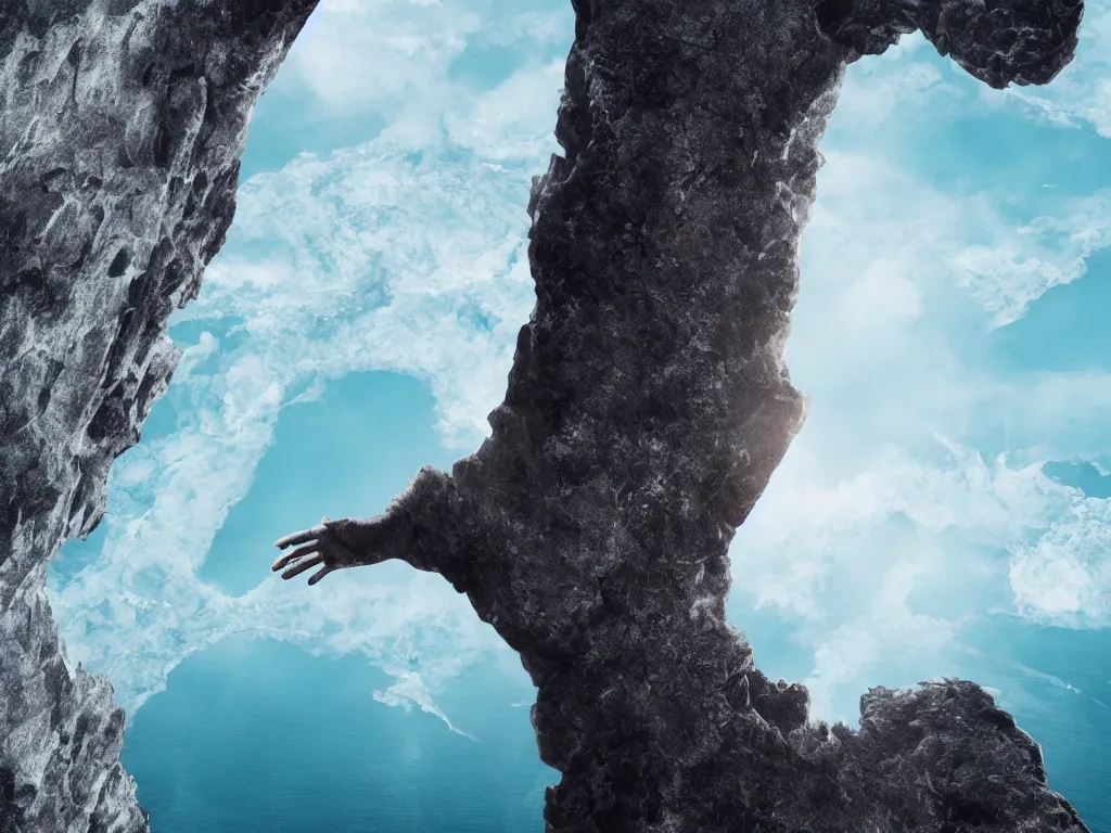 Prompt: the edge of the world, 4k, epic scene, giant android hand reaching out of a chasm