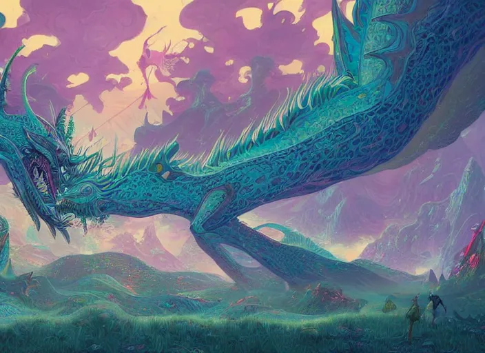 Image similar to psychedelic concept art painting of a dragon landscape made of thousands of dragons, cel shaded, in the style of makoto shinkai and moebius and peter mohrbacher and anton fadeev