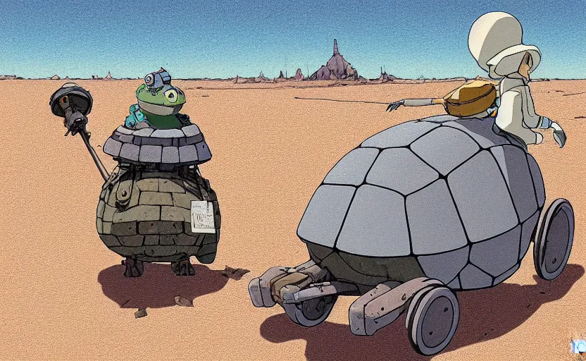 Image similar to a study of cell shaded cartoon of a grey mechanized turtle from howl's moving castle ( 2 0 0 4 ) on a desert road, full body, wide shot, muted colors, post grunge, studio ghibli, laurie greasley, highly detailed, deviantart, art by artgem