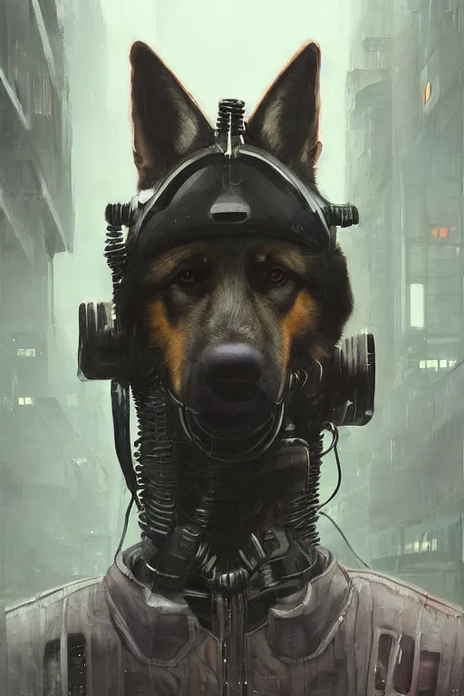 Prompt: new york city portrait of furry anthro anthropomorphic german shepard head animal person fursona wearing clothes strange cybernetic augmentations cyber muzzle gloomy rainy cyberpunk digital art by Greg Rutkowski, Simon Stalenhag, trending on Artstation, CGSociety