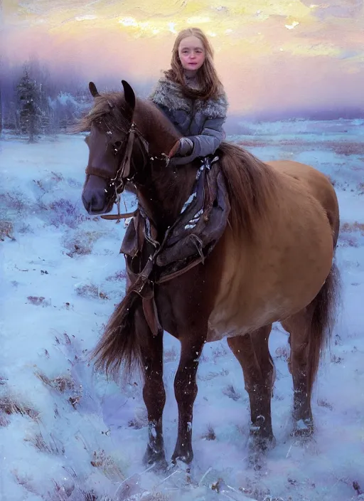 Image similar to portrait of a nordic girl with violet eyes and her horse in a snowy tundra. by Daniel F. Gerhartz, hyperrealistic oil painting, 4k, very detailed faces, studio lightning