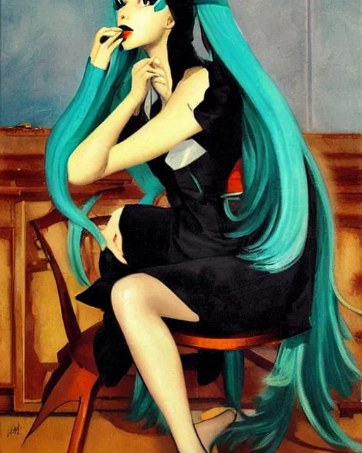 Image similar to A very beautiful painting of hatsune Miku sitting on the chair by Enoch Bolles and Gil Elvgren