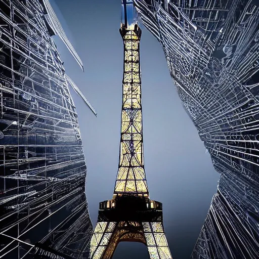 Image similar to A beautiful intricate 8K award-winning cinematic movie photograph of the future Eiffel Tower completely hidden by signs of corporate logos in the year 2043, by Bruno Delbonnel