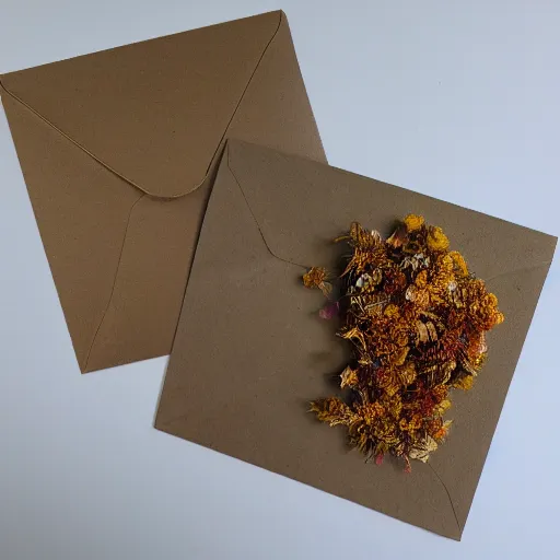 Prompt: aesthetic layout of small dried flowers in the open envelope, vintage, tender, mild colours, oil on canvas