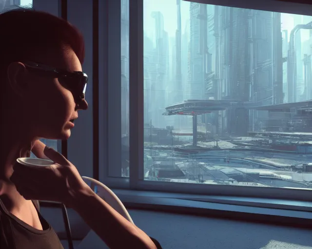 Prompt: a terminator cyborg lady with borg implants and optical fibers is drinking coffee near a window with dystopian city visible outside. very detailed 8 k. cyberpunk style. unreal engine render. global illumination. nanite. rtx. path tracing.