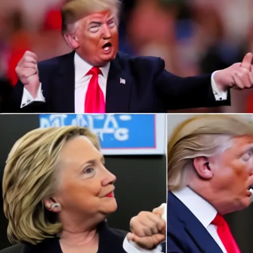 Image similar to donald trump fistfighting hillary clinton, cinematic