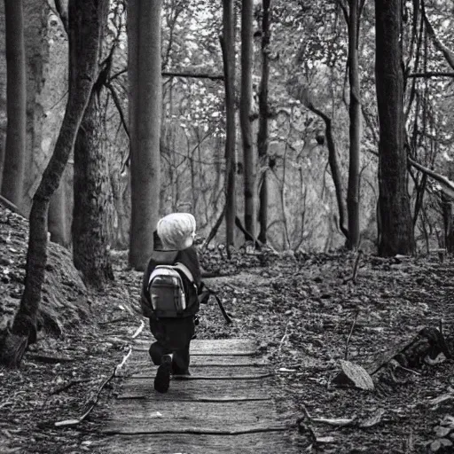 Prompt: little boy with a backpack in a forest, in the style of mcbess