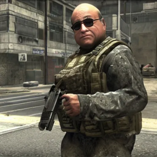 Prompt: Danny DeVito in Call of Duty Modern Warfare 2, COD MW2, screenshot