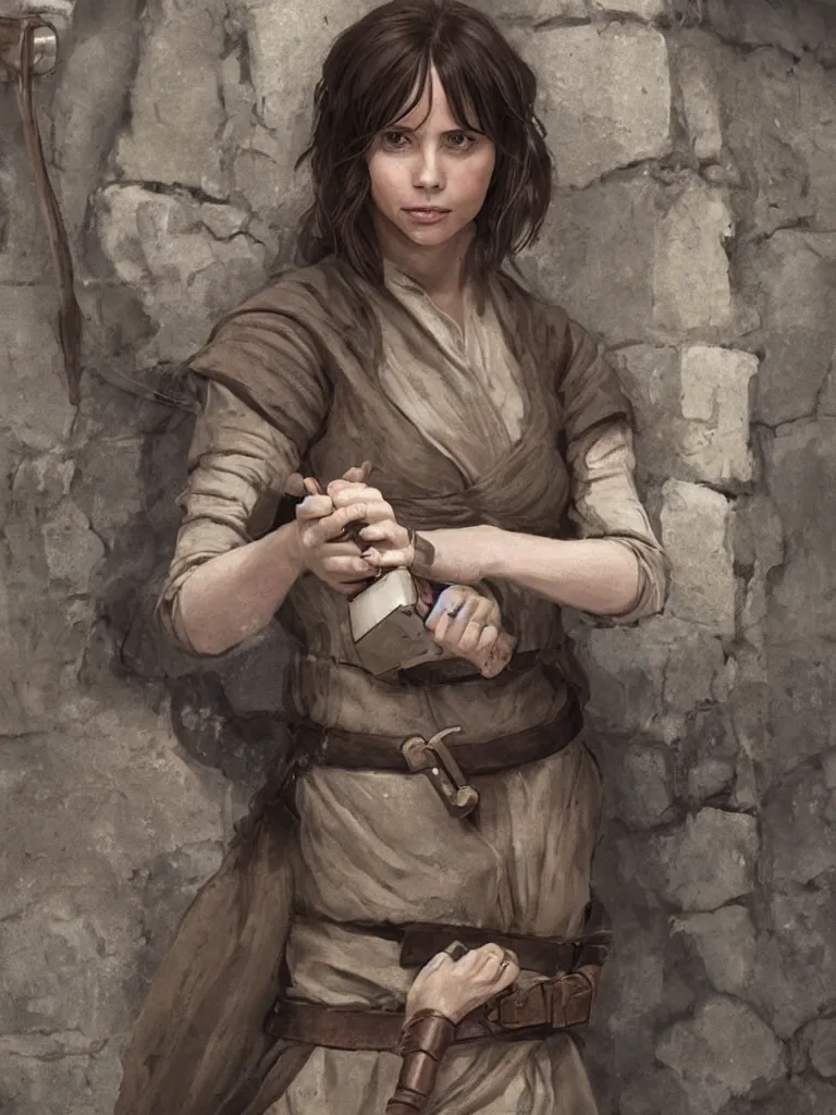 Prompt: portrait of jyn erso as a beautiful medieval wench in a stone courtyard holding a modern telephone, decolletage, confident pose, coherent, insane detail, concept art, character concept, cinematic lighting, global illumination radiating a glowing aura