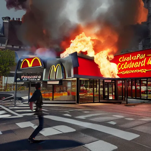 Image similar to colonel sanders fire bombing a macdonalds restaurant, hyper real, 8 k, octane render, vivid, bright, photo realistic, city street