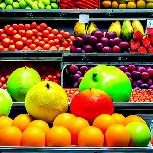 Prompt: uhd photorealistic half eaten and molded fruit on display at a produce stand, uhd hyperdetailed photography