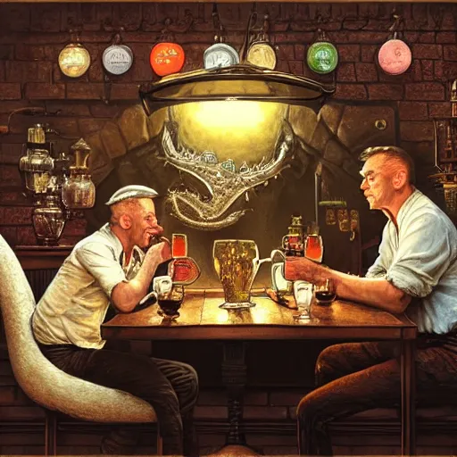 Prompt: dragwads, british dragons, ultraterrestrial dragons, english dragons drinking tea and gin at the local pub, subsurface scattering, soft colors, don't look out the front door no matter what you do, drawn by norman rockwell, thomas kinkade, greg rutkowski, artgerm
