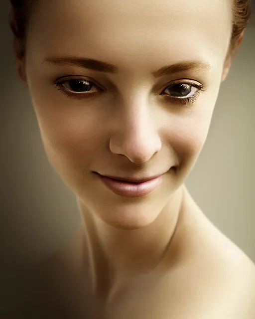 Prompt: portrait of a beautiful woman, natural beauty, little shy smile, head in focus, intricate, elegant, highly detailed, artistic, concept art, painterly, hasselbrad photography, sharp focus, art style by hans jokem bakker