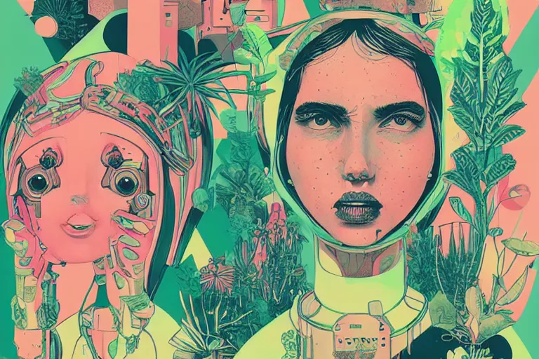 Image similar to gigantic girl faces, tiny robots, a lot of exotic vegetation around, risograph!, colorful flat surreal design, super - detailed, a lot of tiny details, fullshot, by luigi serafini