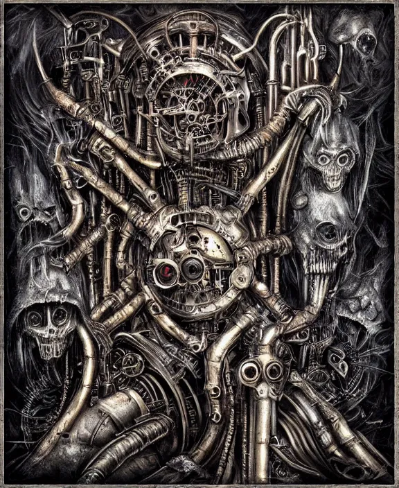 Prompt: a steampunk heavy metal album cover by hr giger