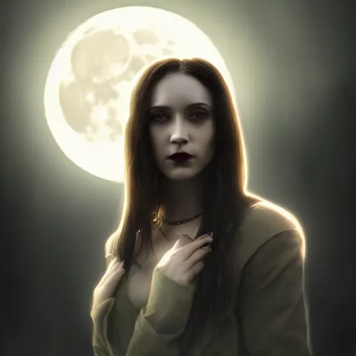 Image similar to Riveting Charismatic brunette female vampire, portrait, atmospheric lighting, painted, intricate, Highgate cemetery, volumetric lighting, beautiful, moon light, sharp focus, ultra detailed, by Leesha Hannigan, Ross Tran, Thierry Doizon, Kai Carpenter, Ignacio Fernández Ríos