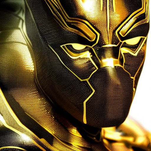 Image similar to a close up photo of a detailed golden statue of Black Panther, 8K,