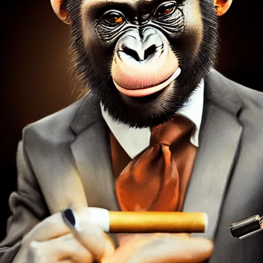 Image similar to a high detail photo of an antropomorphic chimp wearing a suit smoking a cigarrette, subject= chimp, subject detail: wearing a suit, subject action: smoking a cigar, photorealism, dramatic lighting, award winning photograph, trending on artstation