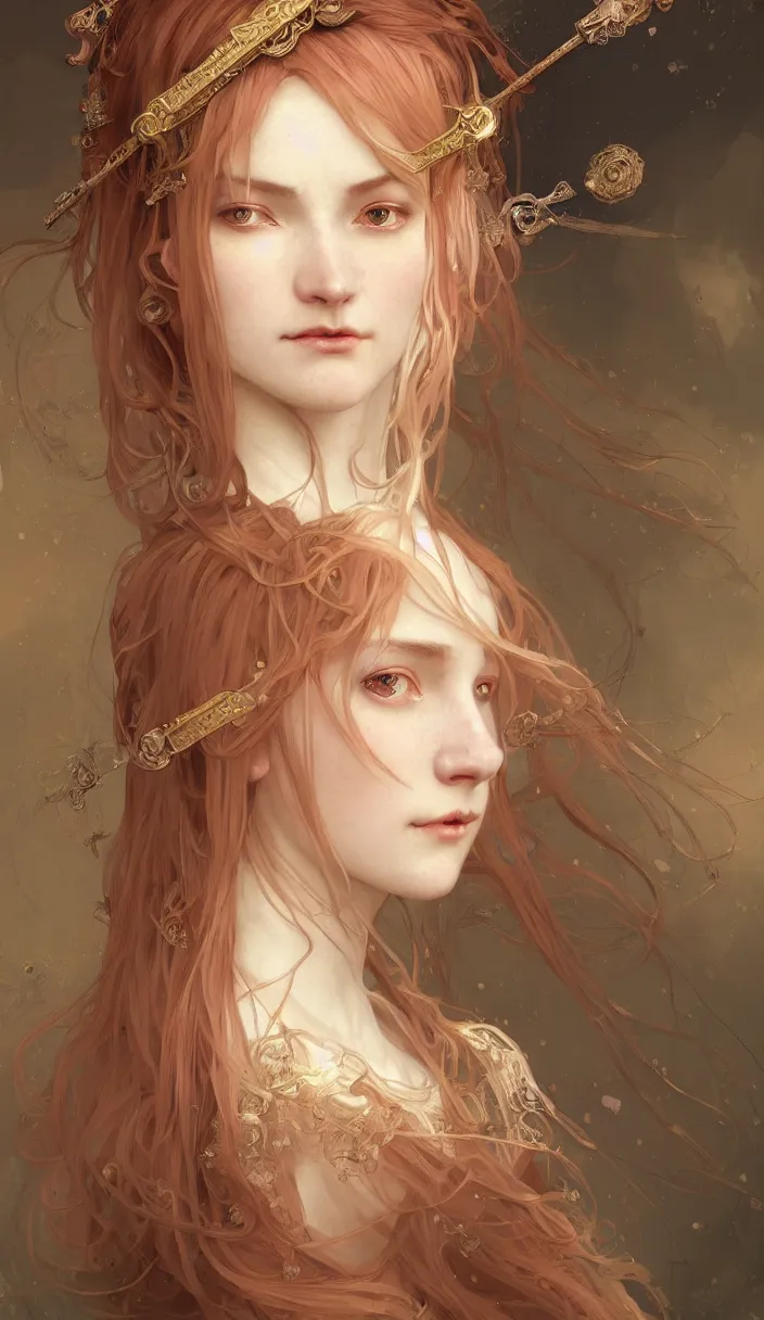 Image similar to beautiful and victorian and holy and divine and elite young peach color hair medieval female knight portrait + shinny eyes + front face with light flowing hair, ultradetail face, art and illustration by tian zi and craig mullins and wlop and alphonse mucha, fantasy, intricate complexity, human structure, human anatomy, fantasy character concept, watermark, blurry, hyperrealism 8 k