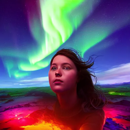 Prompt: a colorful northern lights tornado a portrait of a girl, realistic detailed digital art by maxwell boas jessica rossier christian dimitrov anton fadeev trending on artstation cgsociety rendered in unreal engine 4 k hq