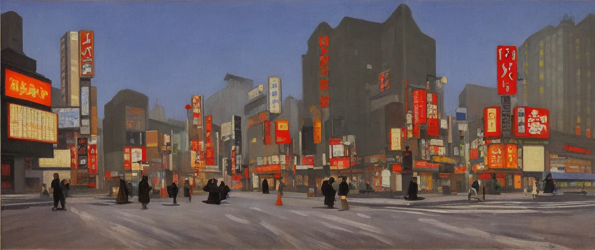 Prompt: an edward hopper style painting of a busy road in tokyo shibuya, winter